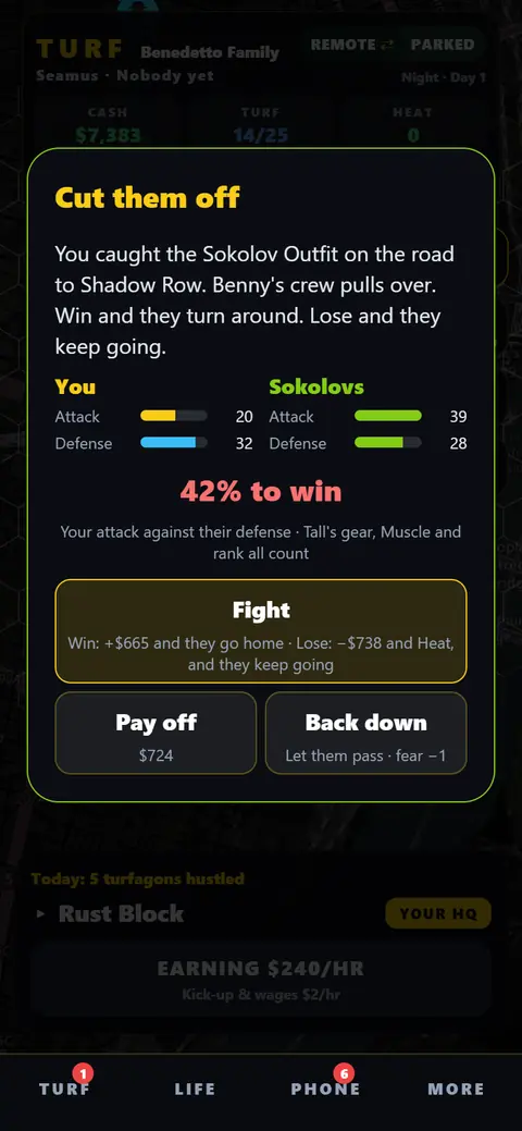 A showdown: you caught the Sokolov Outfit on the road, with attack and defense bars, a 42% chance to win, and Fight, Pay off or Back down